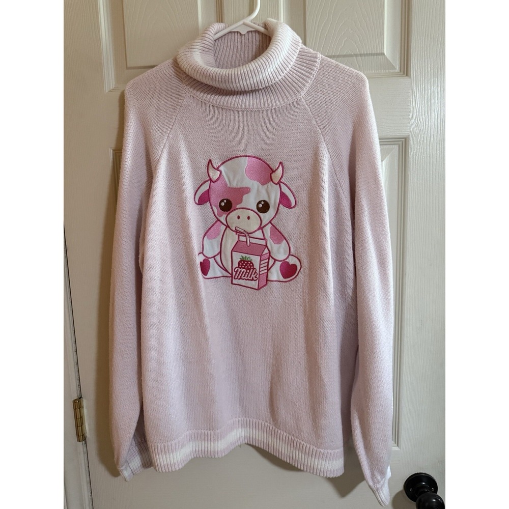 Hot Topic‎ Strawberry Cow Turtleneck Sweater , L., Cute , Strawberry Milk